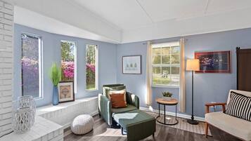 Smart TV, fireplace, books