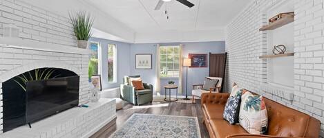 Smart TV, fireplace, books