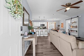 Smart TV, fireplace, books