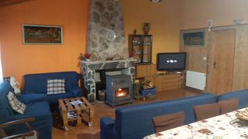 Televisión, chimenea, reproductor de DVD y tenis de mesa