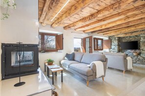 Una televisión, una chimenea, una mesa de tenis de mesa