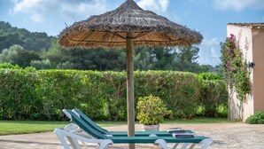 Un patio con dos sillones de descanso, una sombrilla de paja y una planta en maceta.