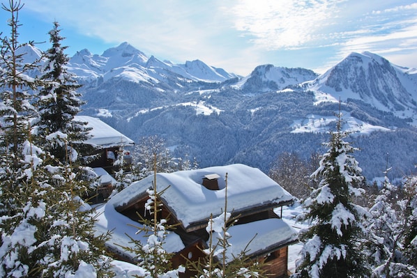 A wooden cabin with a snow-covered roof, surrounded by snow-laden trees and mountains in the background.
