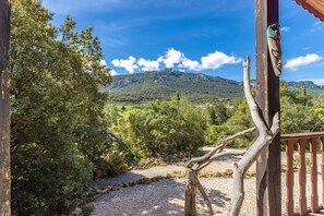 Une terrasse en bois offrant une vue sur une chaîne de montagnes.