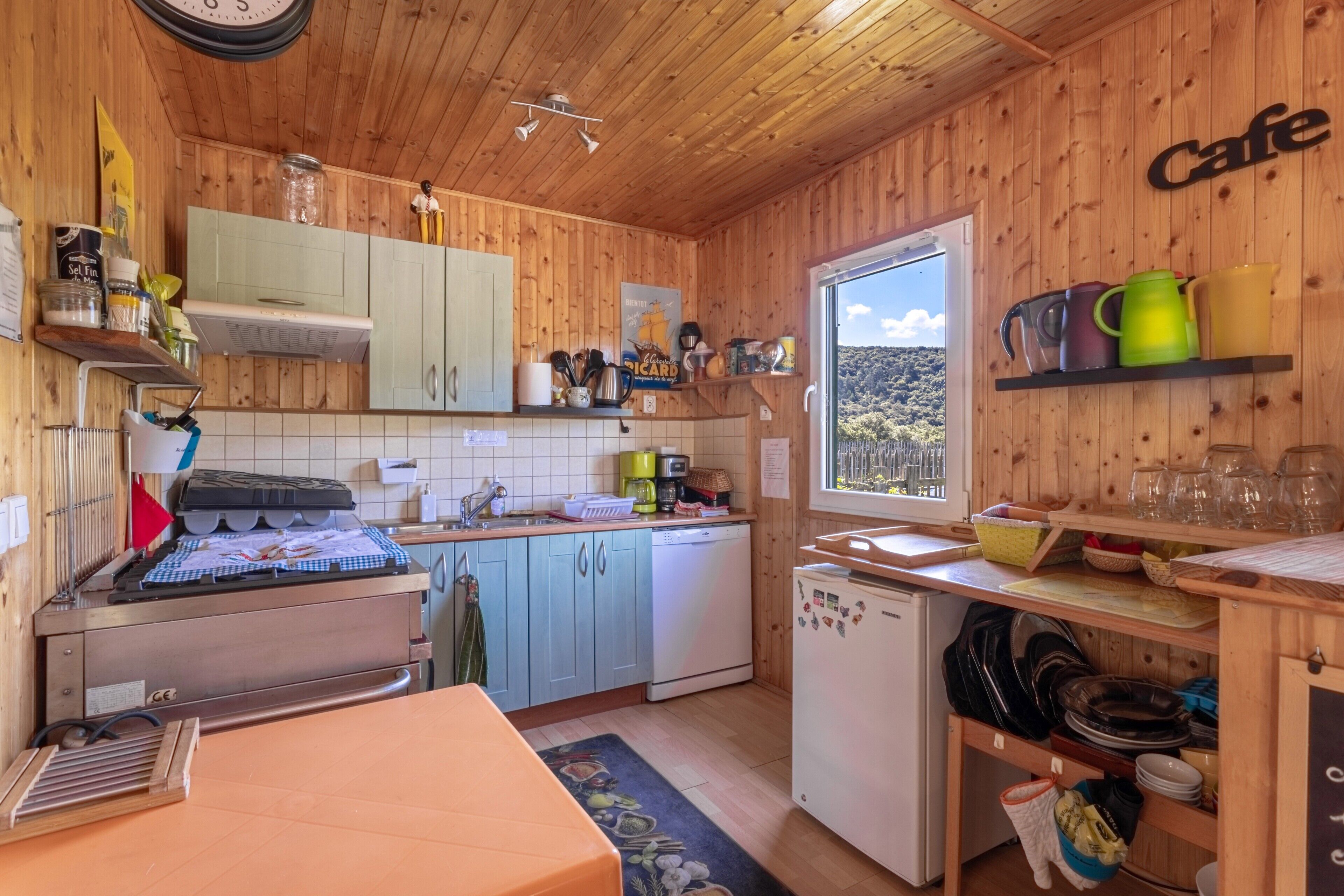 Fridge, oven, stovetop, coffee/tea maker