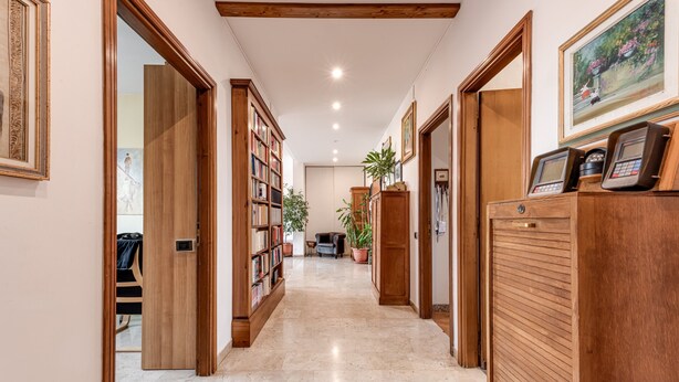 Un pasillo con puertas de madera, una estantería, una planta en maceta y un escritorio con una silla.