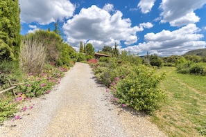 A gravel path flanked by lush greenery and flowering plants, leading to a rustic building with a red roof. - Chalet 'Corbieres' with Mountain View, Shared Pool and Private Terrace (Rouffiac-des-Corbières)