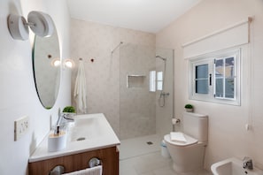 A modern bathroom with a shower, toilet, sink, and a mirror. - Vacation Home 'Casa Ino' with Sea View, Private Terrace and Wi-Fi (Punta del Hidalgo)