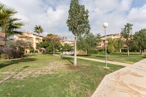 A residential area with a grassy lawn, trees, and a pathway.