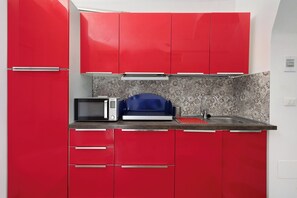 Fridge, microwave, stovetop, electric kettle
