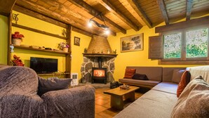 Una sala de estar acogedora con chimenea de piedra, vigas de madera, televisor y sofá.
