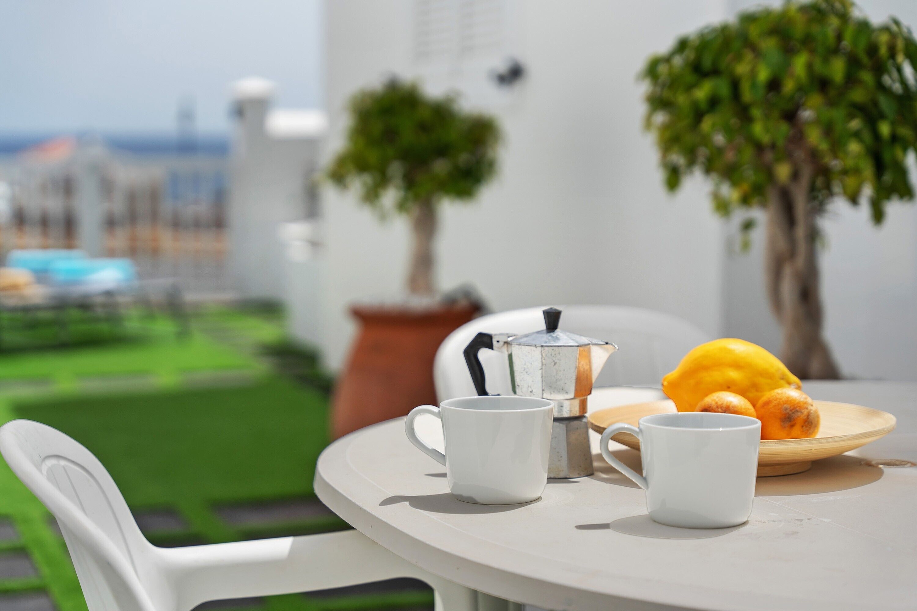 A round table with two white mugs, a coffee pot, and a plate with lemons. There are two potted plants on the table.