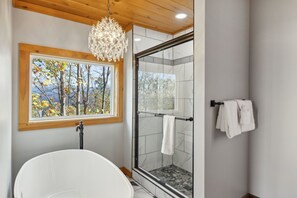 Shower, hair dryer, towels, toilet paper