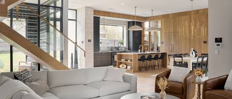 Smart TV, chimenea, libros, estéreo