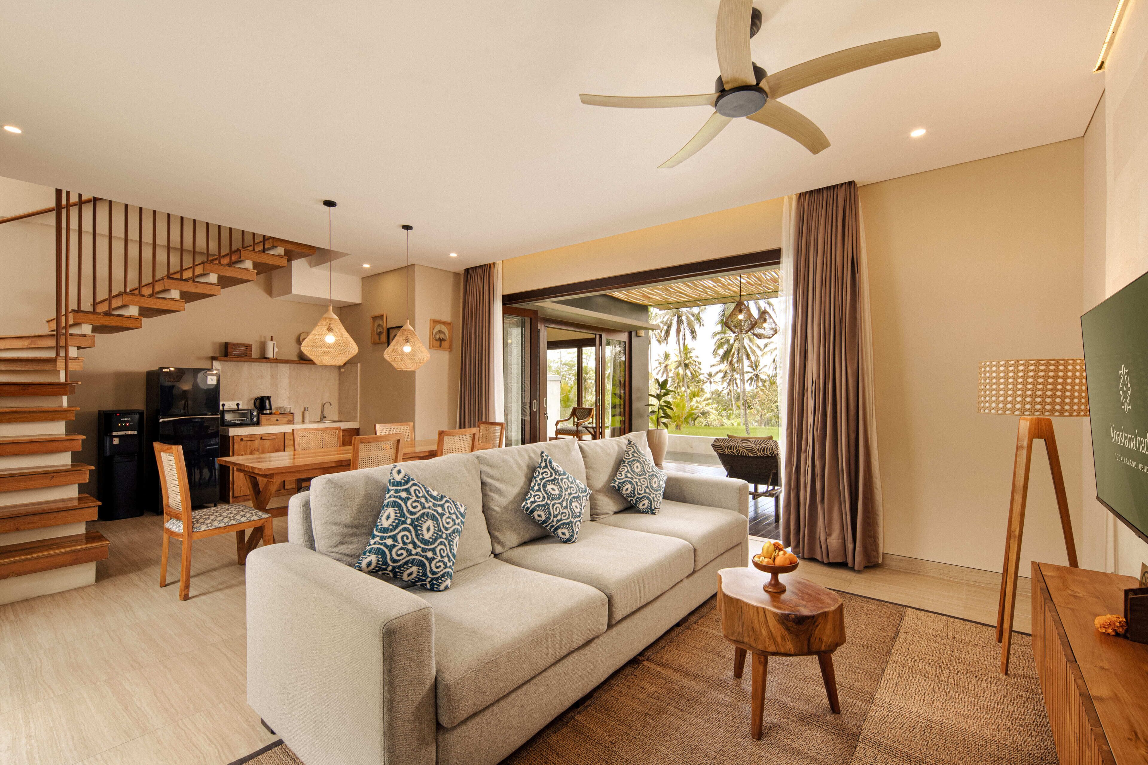 Cozy 1 Bedroom Romantic Pool Villa with Paddyfield View | Living area | 50-inch Smart TV with digital channels