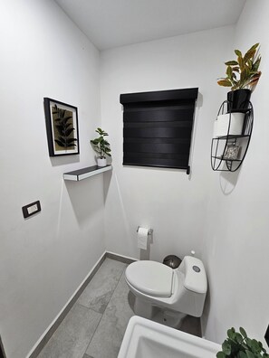 Hair dryer, towels, soap, shampoo