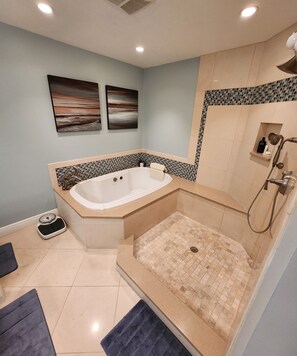 Shower, jetted tub, hair dryer, towels