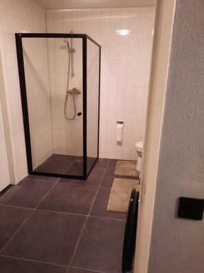Shower, hair dryer, towels, toilet paper
