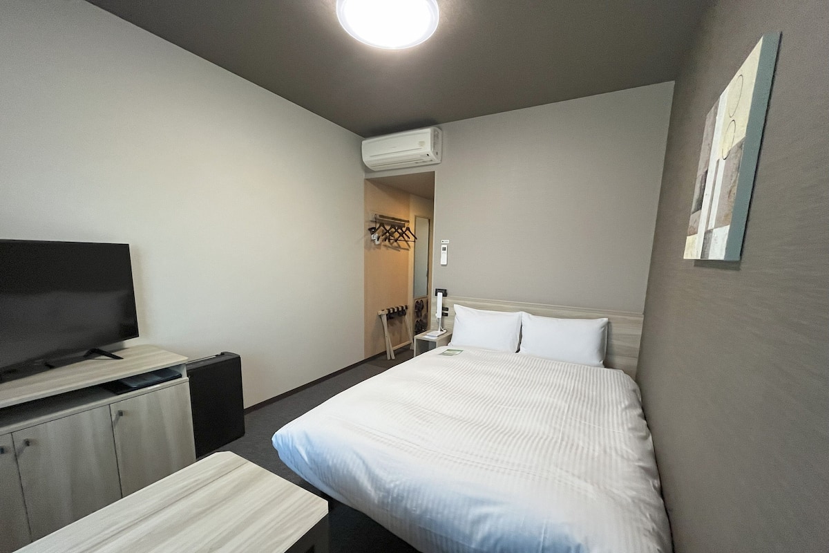 Una habitación de hotel con cama, televisión, escritorio y armario.