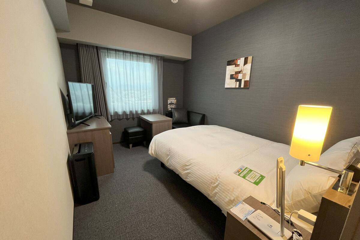 Una habitación de hotel con cama, escritorio, silla, televisión y lámpara.