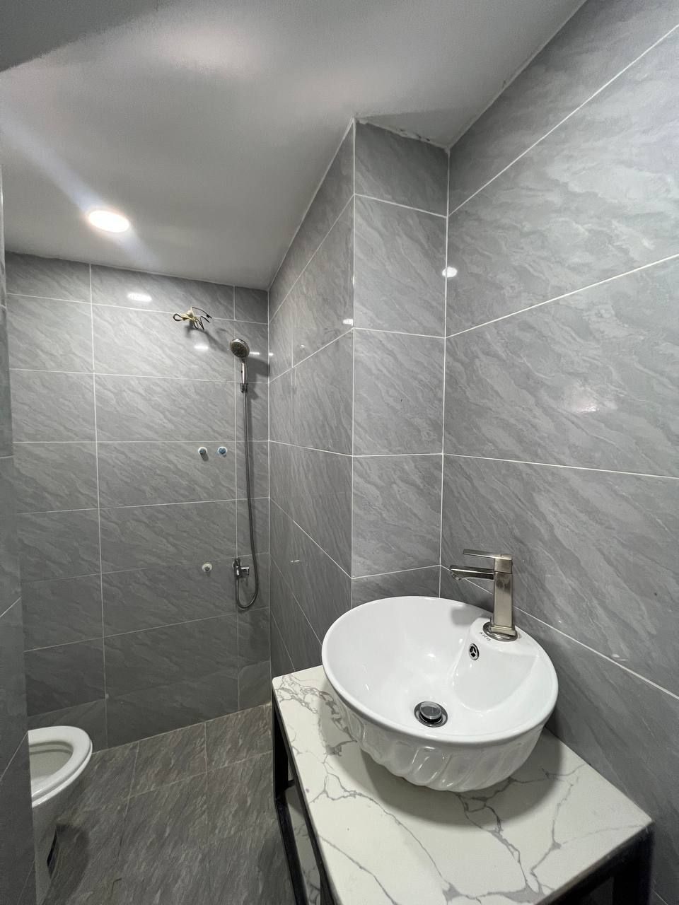 Une salle de bain moderne avec un lavabo en marbre, une douche et des toilettes.