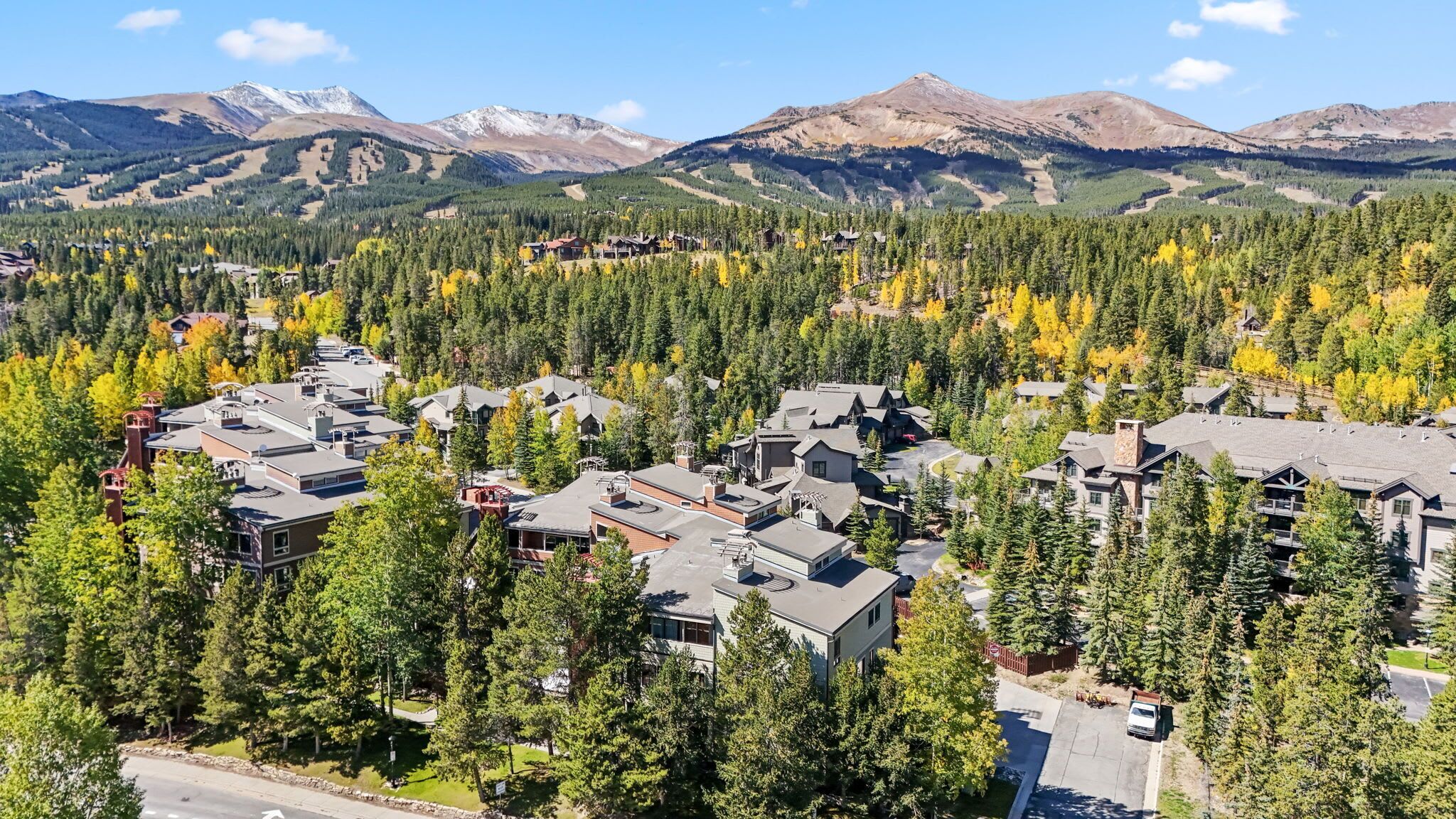 Zona residencial con casas rodeadas de un bosque denso y montañas al fondo.