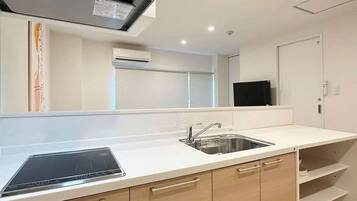 Fridge, microwave, stovetop, electric kettle