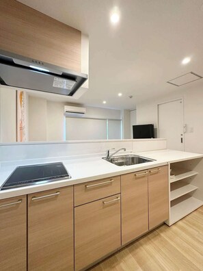 Fridge, microwave, stovetop, electric kettle