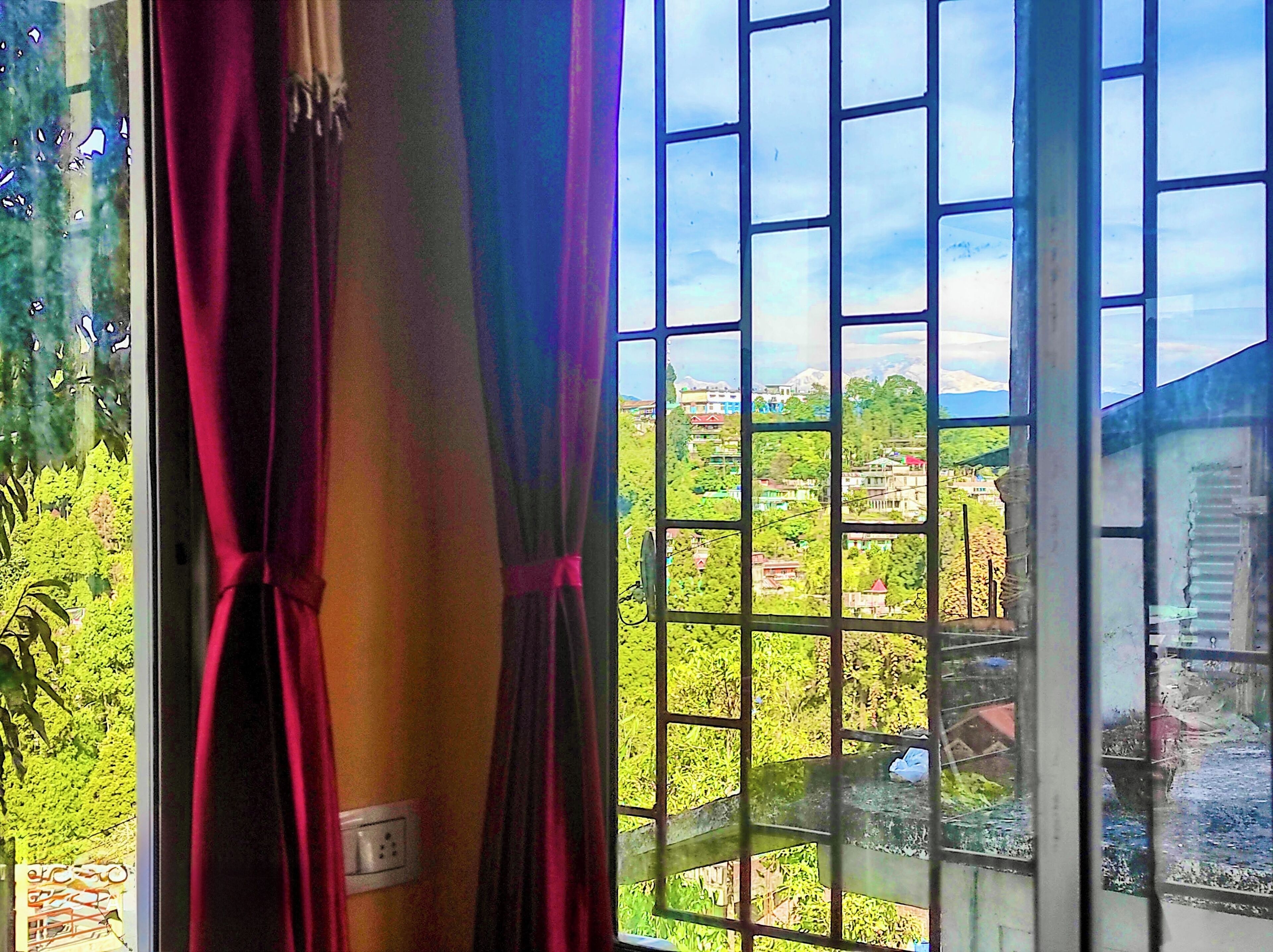 A window with a view of a green landscape and buildings.