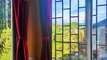 A window with a view of a green landscape and buildings.