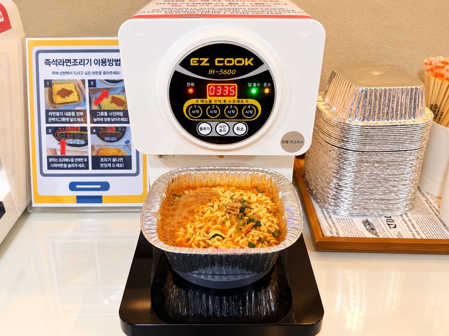 A cooking appliance with a digital display, a tray of cooked noodles, and a stack of disposable utensils.