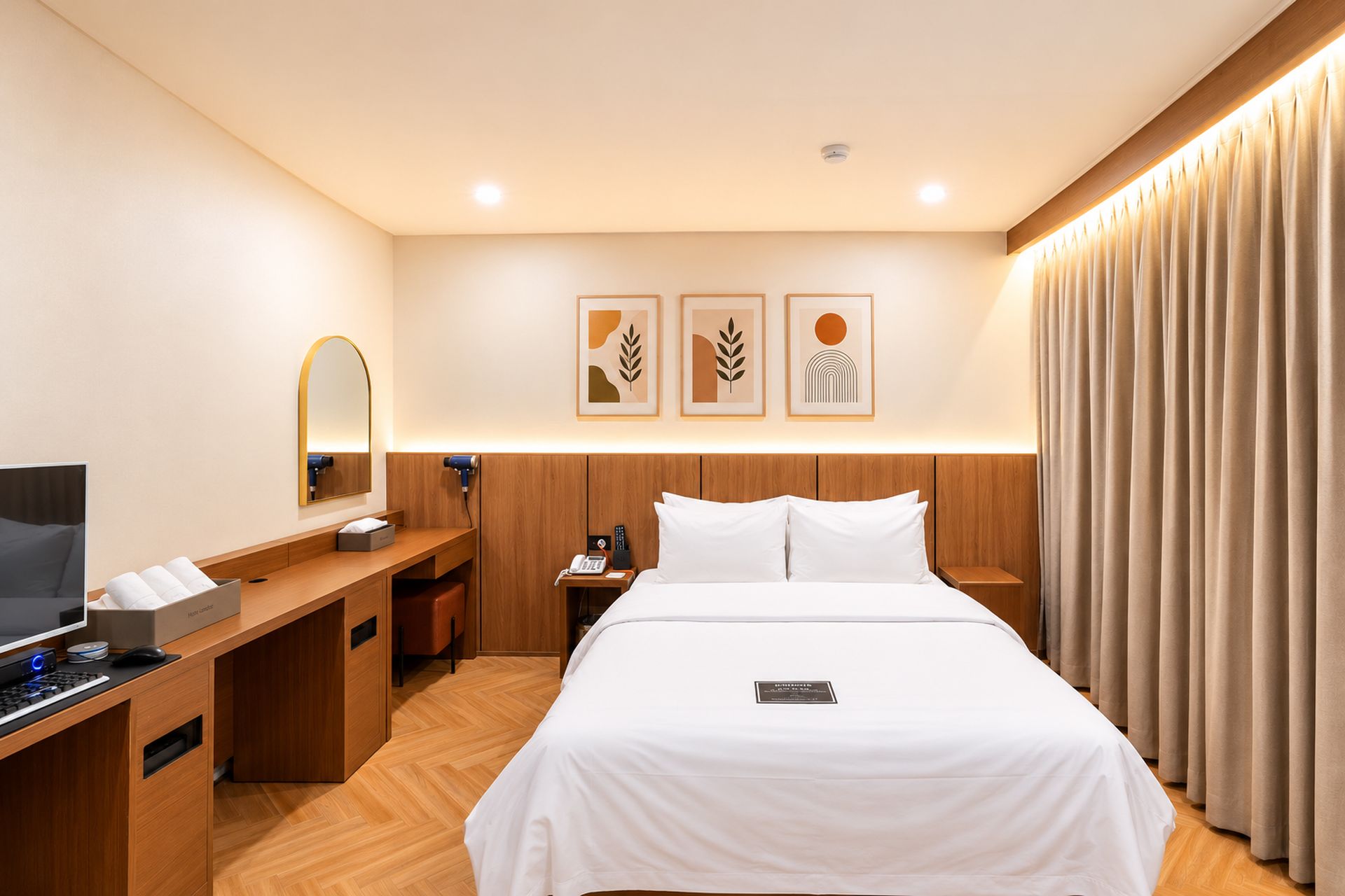 A hotel room with a bed, a desk with a computer, a mirror, and a nightstand.