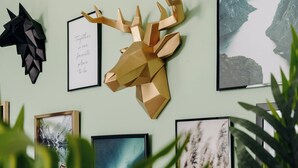A wall with framed artwork, a wooden deer head sculpture, and a framed message.