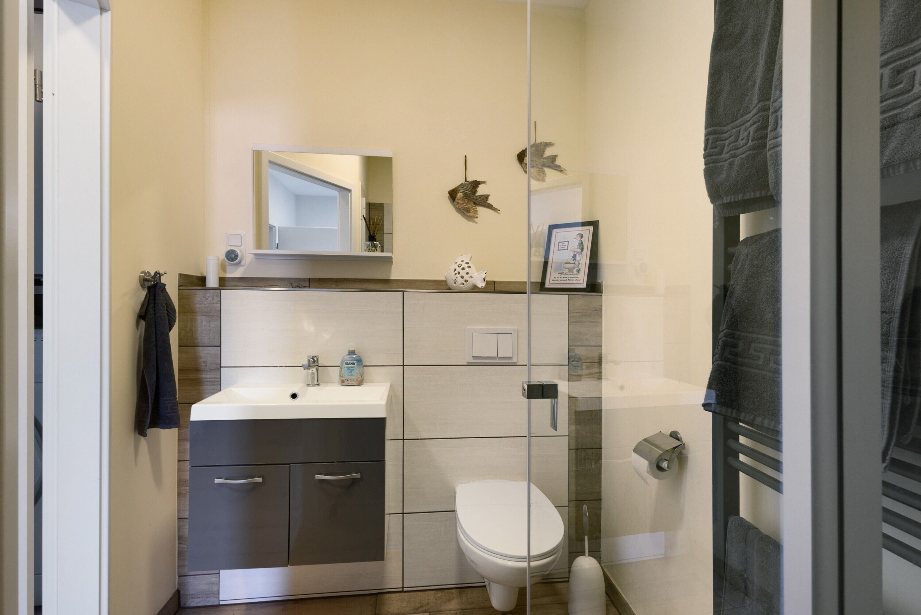 Une salle de bain moderne avec une douche à parois de verre, des toilettes blanches, un meuble-lavabo avec un miroir et un porte-serviettes.