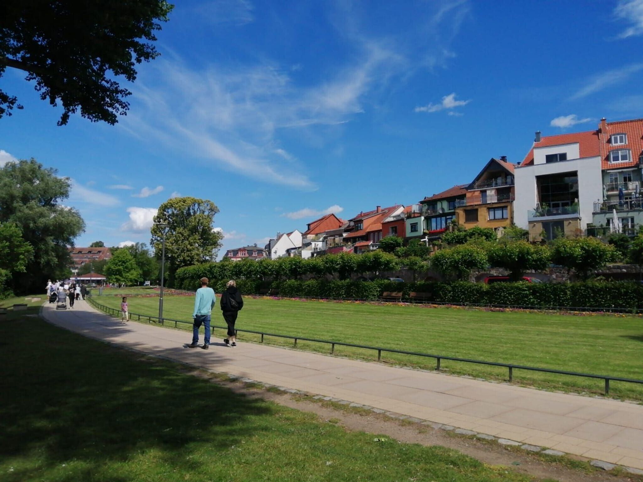 Ein Park mit befestigtem Weg, Rasenfläche und Wohnhäusern im Hintergrund.