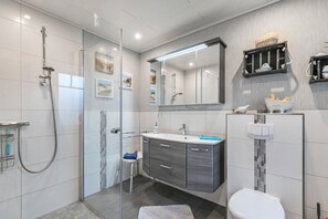 Shower, hair dryer, towels