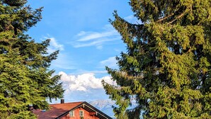 Une maison en briques rouges, avec un toit en pente, entourée de verdure et sous un ciel dégagé.