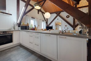 Fridge, microwave, oven, stovetop - Apartment 'Ferienwohnung 1 - Klein' with Private Terrace and Wi-Fi (Dingen)