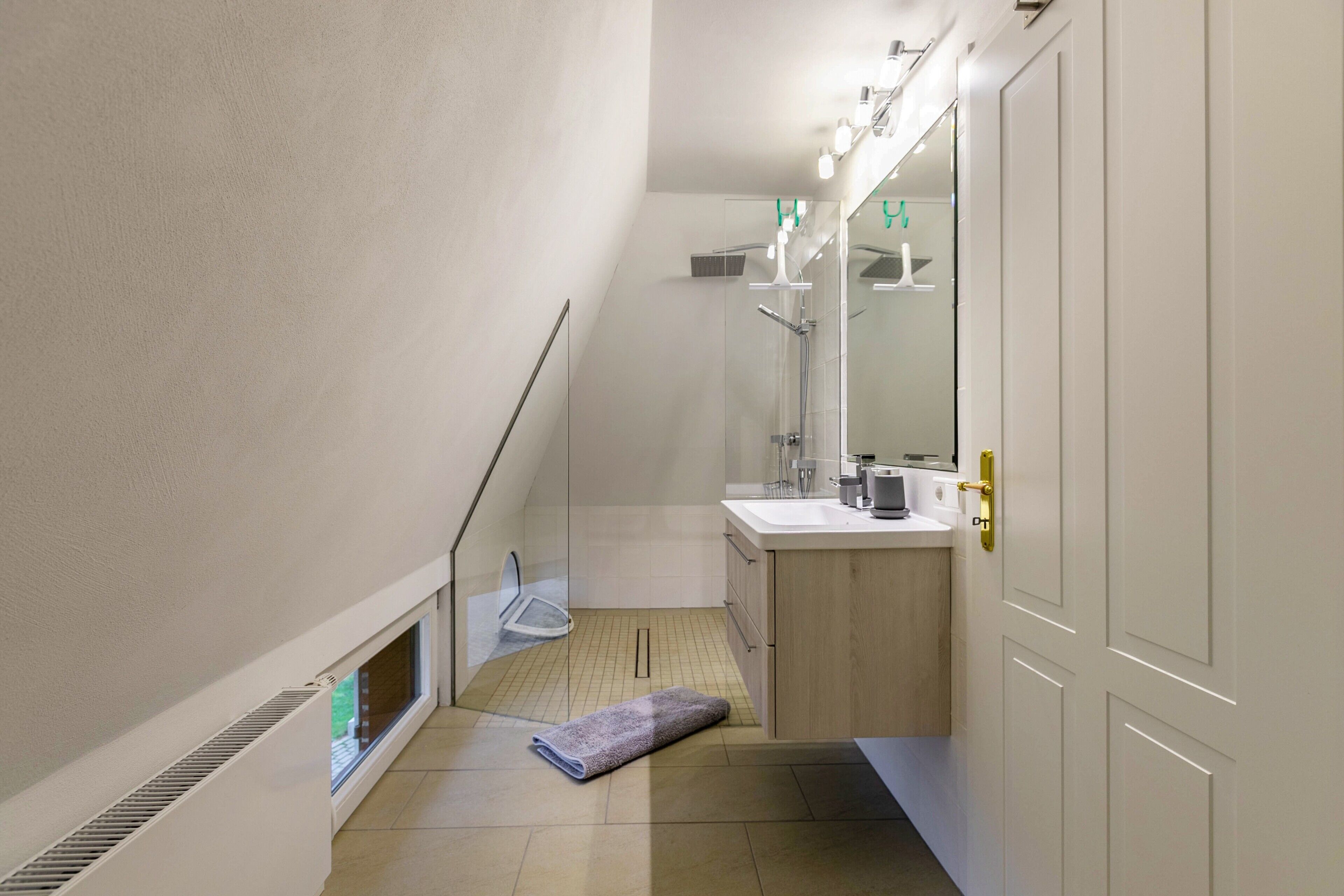 Shower, hair dryer, towels