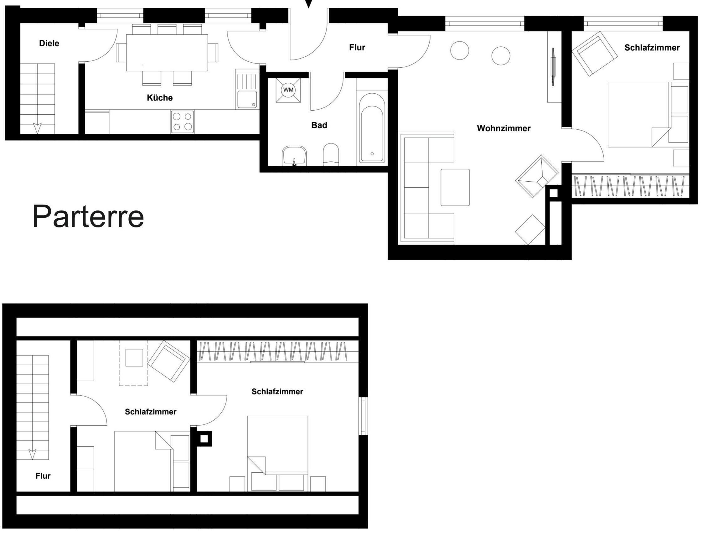 A floor plan of a hotel with a dining area, kitchen, bathroom, living room, and two bedrooms.