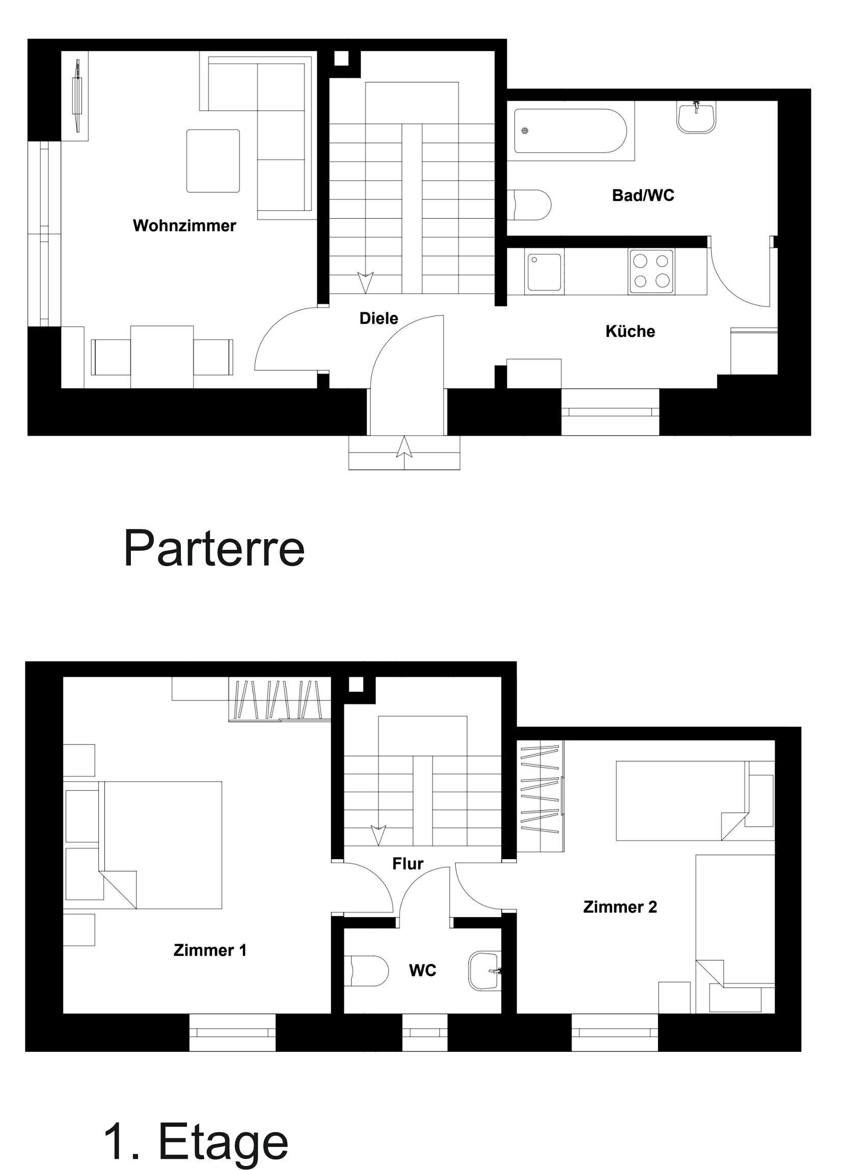 A floor plan of a maisonette with a living room, dining area, kitchen, bathroom, and two bedrooms.