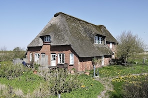 Une maison traditionnelle à toit de chaume, dotée d’une façade en briques, d’une porte en bois et d’un petit jardin où poussent diverses plantes et fleurs.