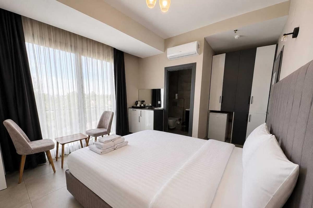 A hotel room with a bed, a desk, a chair, a wardrobe, a bathroom, and an air conditioning unit.
