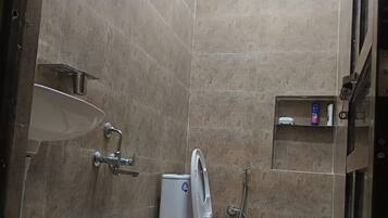 Regadera, toallas, jabón, shampoo