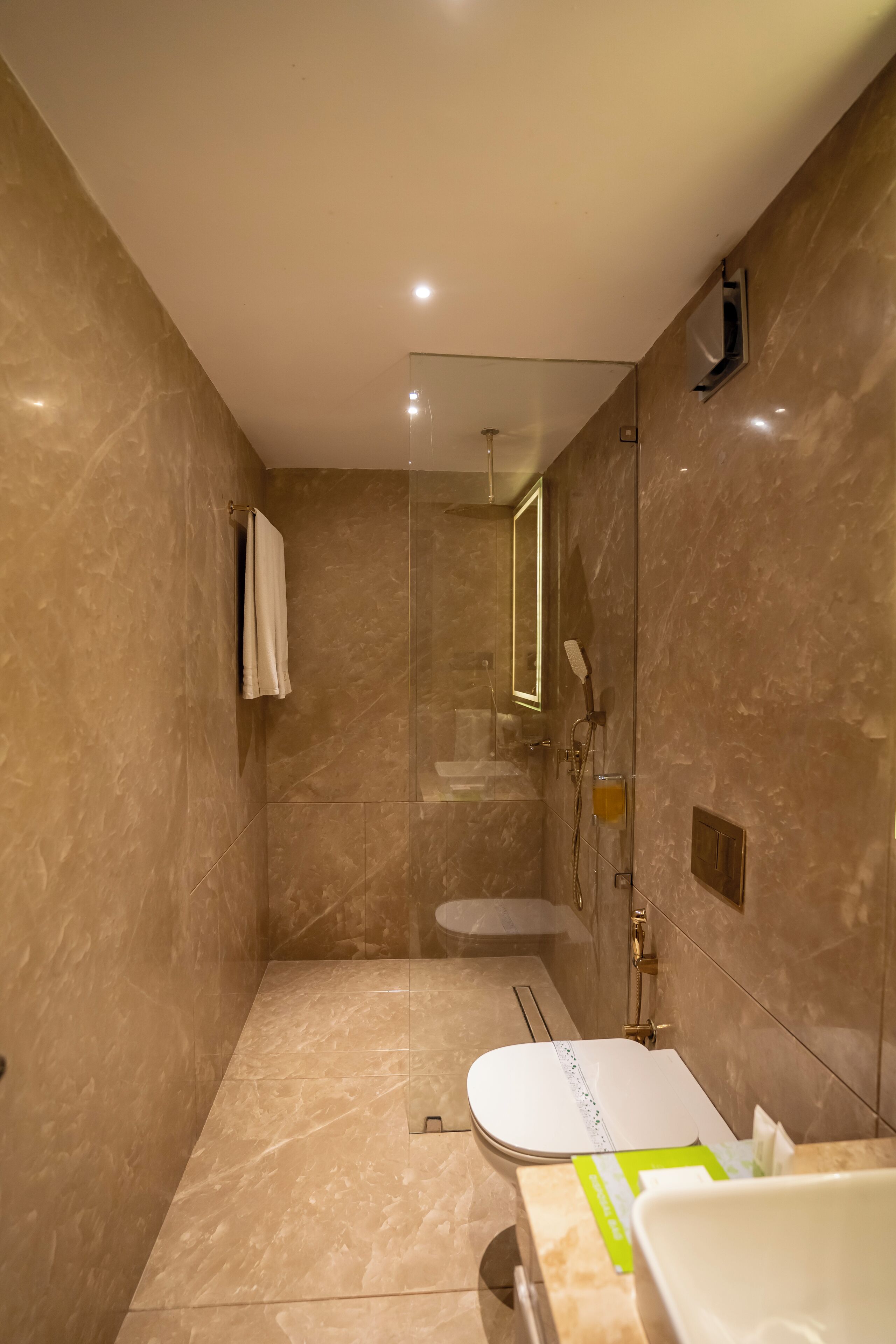 A modern bathroom with a glass-enclosed shower, a white toilet, and a sink with a mirror.
