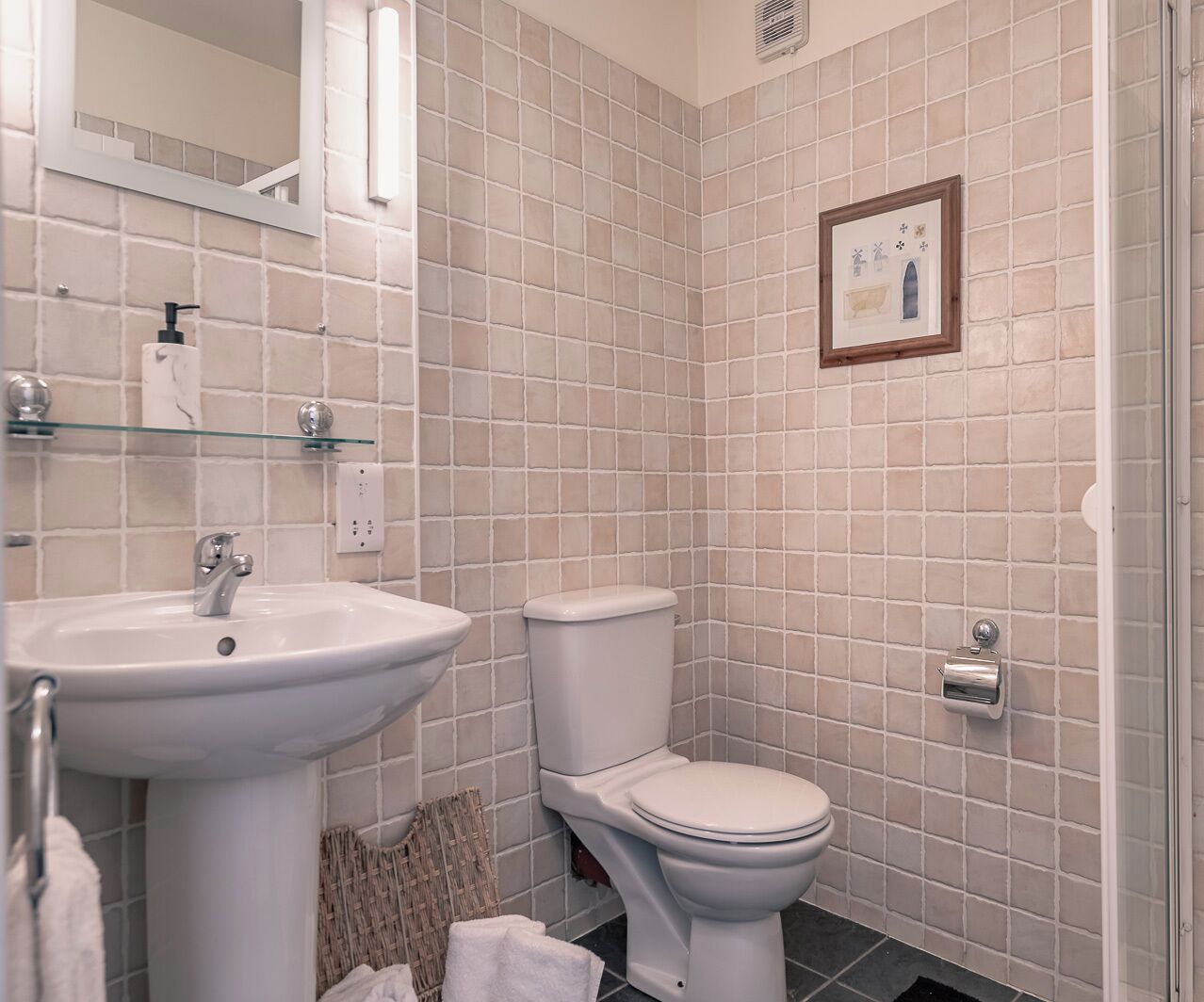 Ein Badezimmer mit weißem Waschbecken, WC und Duschkabine aus Glas.