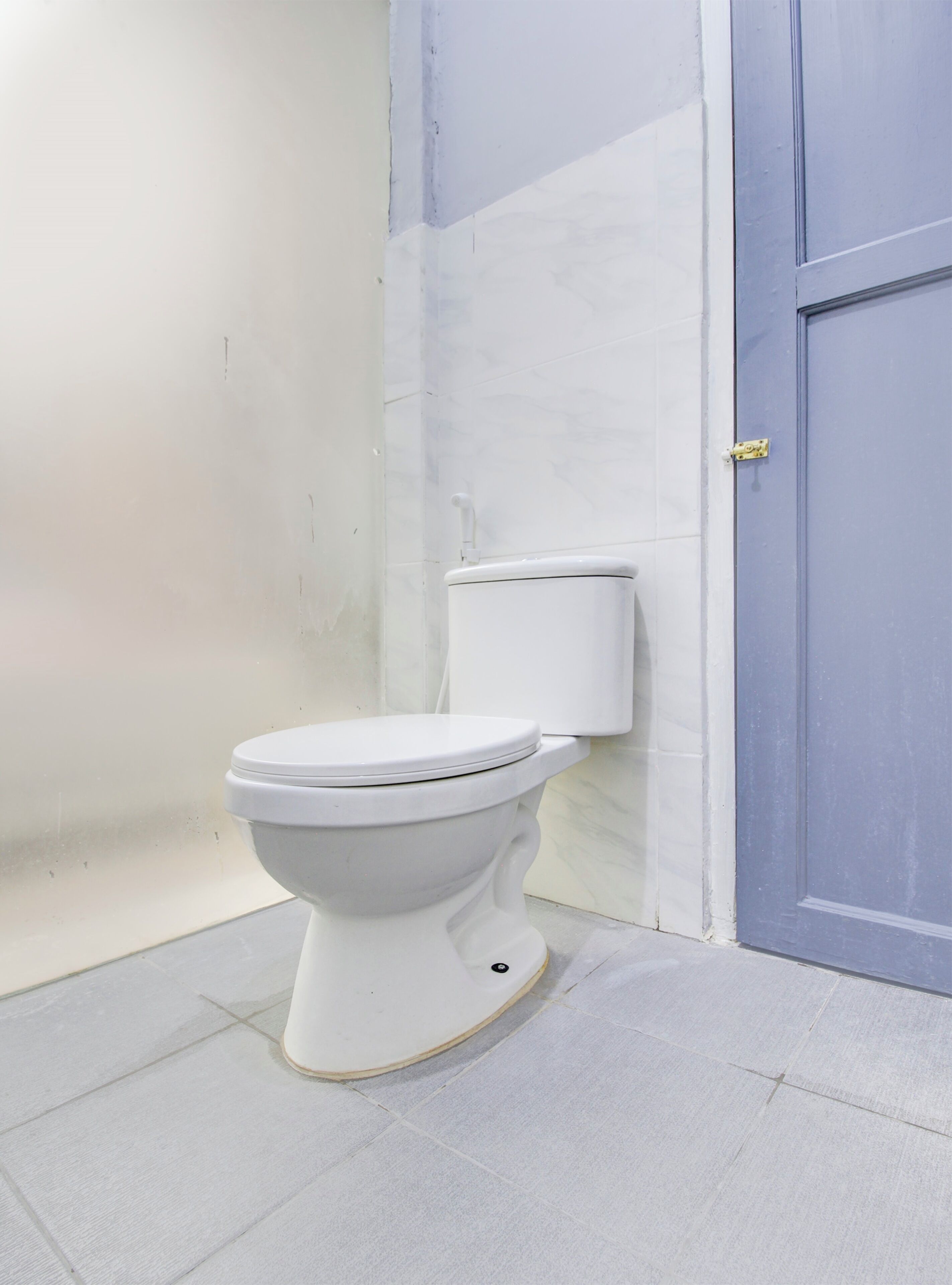 A white toilet with a tank, a blue door, and a tiled floor.