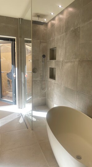 Shower, hair dryer, towels, soap