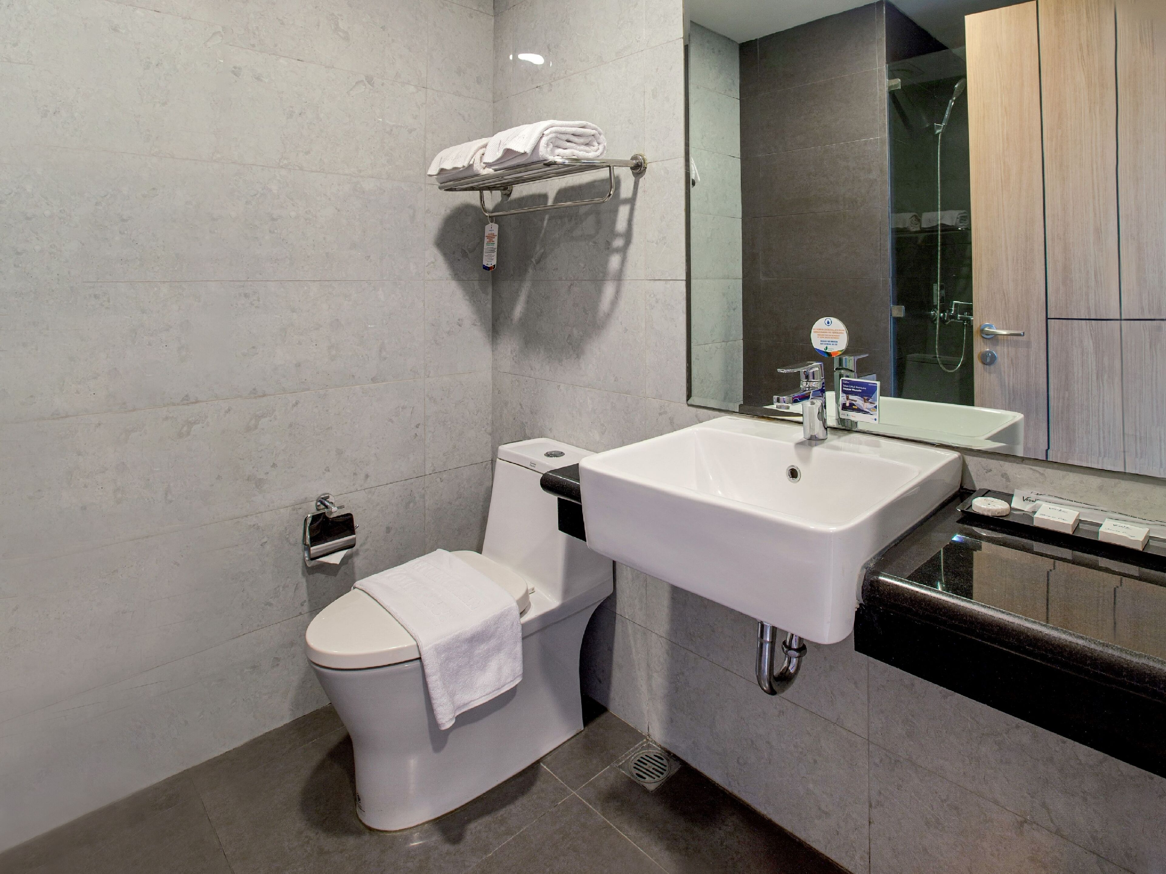 Een moderne badkamer met een wit toilet, een wastafel en een douche.