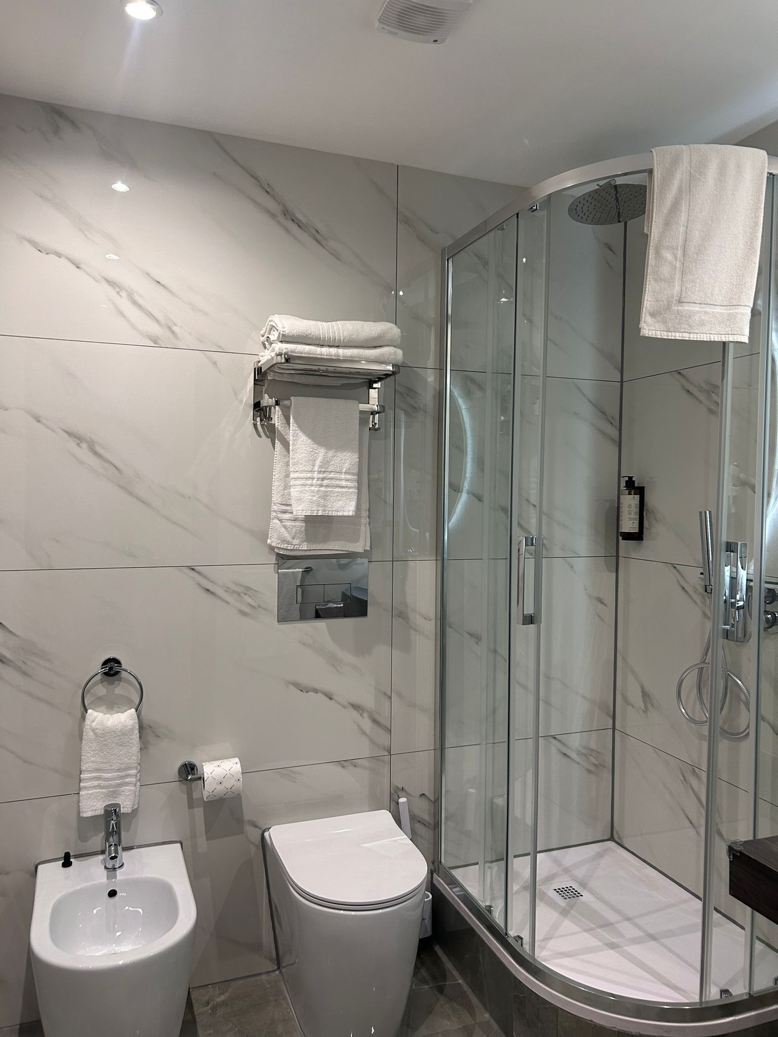 Ein modernes Badezimmer mit einer Bidet-Einrichtung, Toilette und einer Duschkabine.